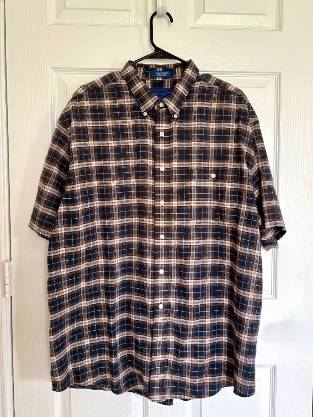 Towncraft Mens XL Plaid Wrinkle Free Button Down Shirt Short Sleeve Navy Orange